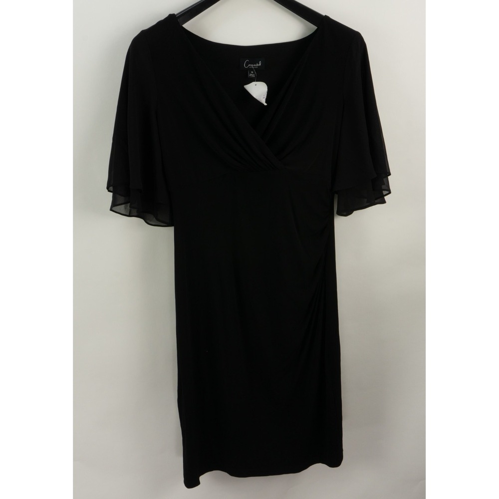 Connected Apparel Gathered Surplice V-Neck Flutter Black Chiffon Ruched Dress 10